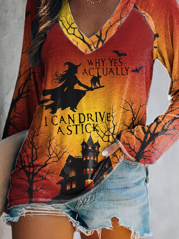 Halloween Printed V Neck Casual Tunic T-Shirt