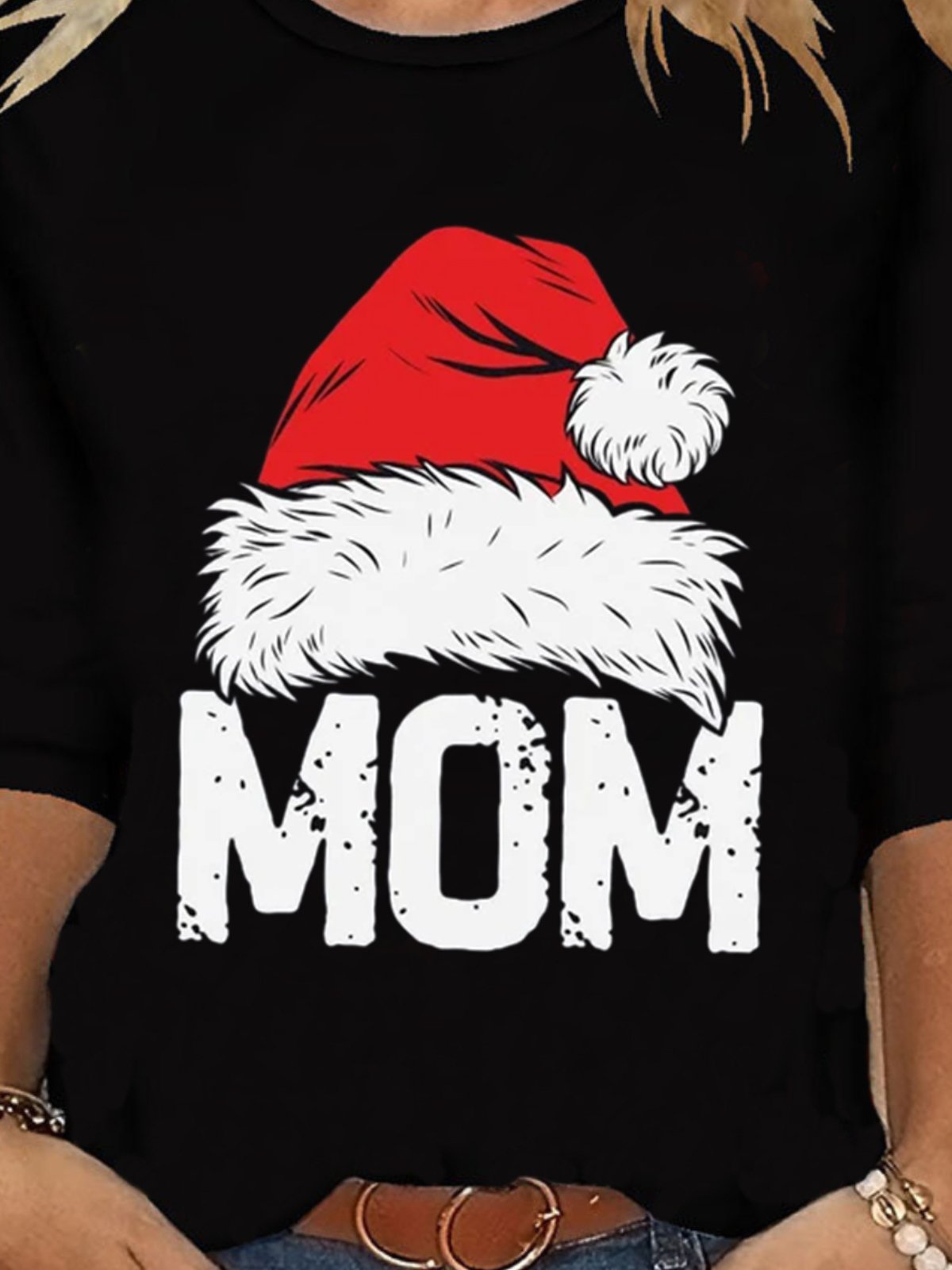 Christmas Xmas Hat Long Sleeve Round Neck Printed Top T-shirt
