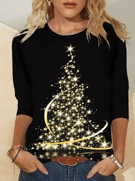 Women Christmas Tree Hippie Leaf Autumn Crew Neck Micro-Elasticity Daily Jersey Loose Regular T-shirt