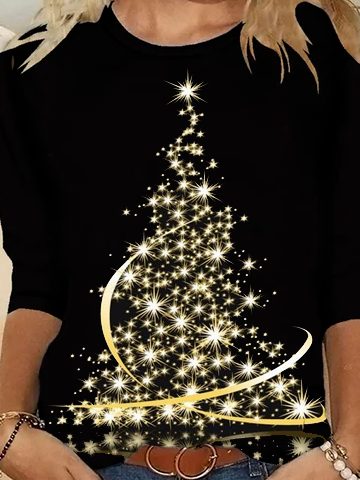 Women Christmas Tree Hippie Leaf Autumn Crew Neck Micro-Elasticity Daily Jersey Loose Regular T-shirt