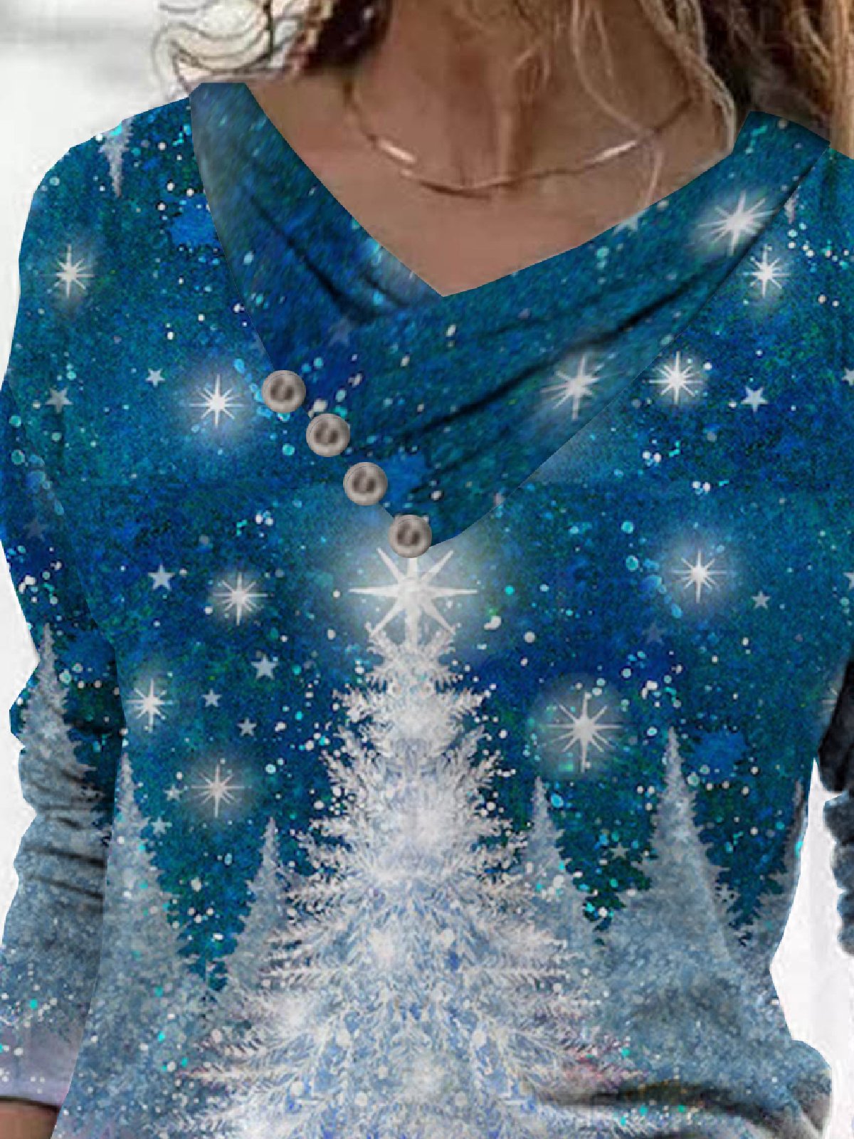 Christmas Casual Printed Cowl neck Long Sleeve Top