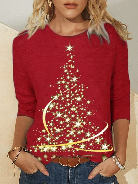 Women Christmas Tree Hippie Leaf Autumn Crew Neck Micro-Elasticity Daily Jersey Loose Regular T-shirt