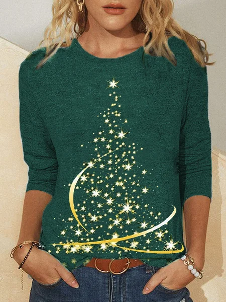 Women Christmas Tree Hippie Leaf Autumn Crew Neck Micro-Elasticity Daily Jersey Loose Regular T-shirt