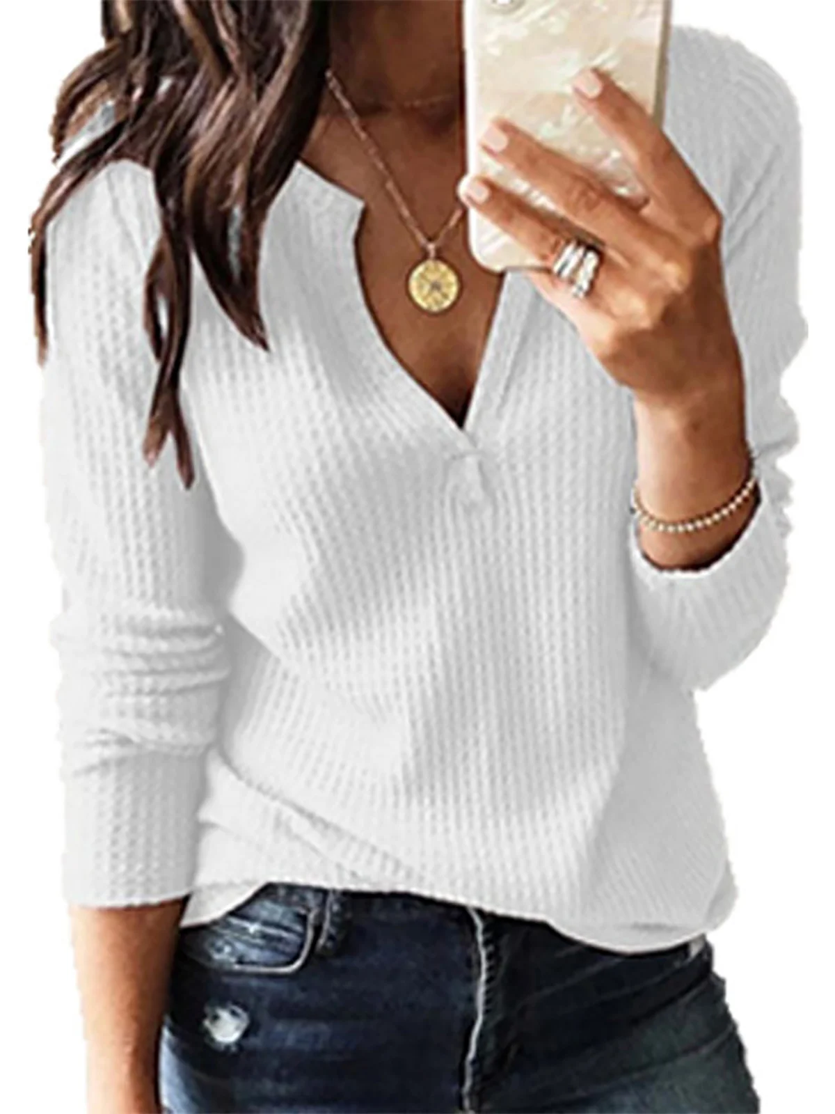 Women Plain Casual V neck Micro-Elasticity Vintage Solid Long Sleeve Top