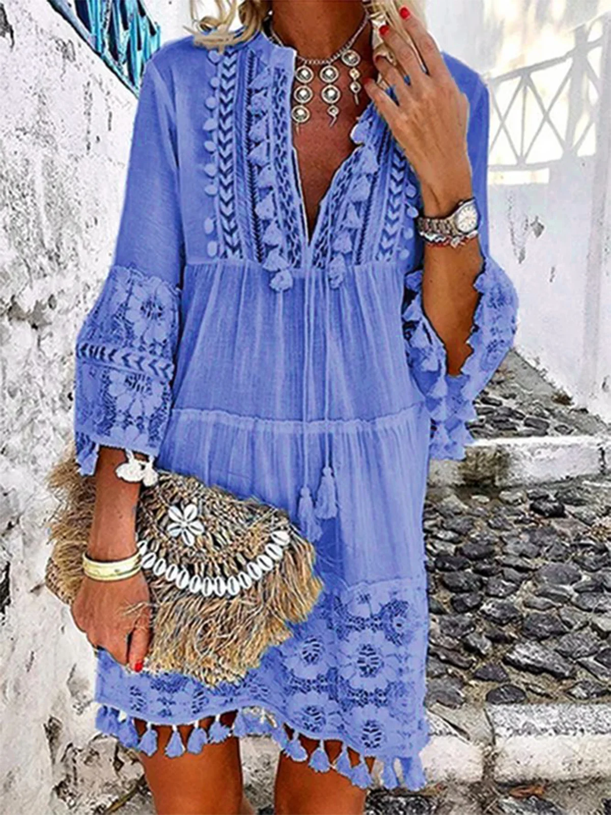 Causal 3/4 Sleeve V Neck Holiday Boho Dresses