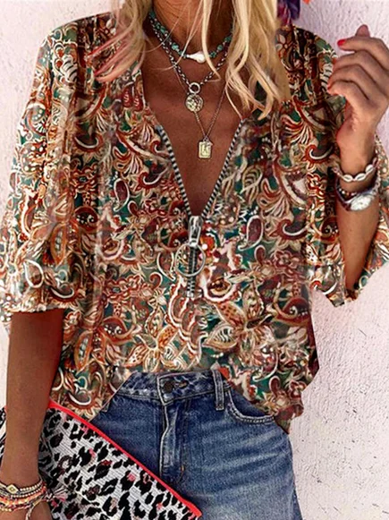 Casual Cotton Blends Paisley  Short sleeve Top