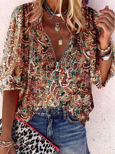 Casual Cotton Blends Paisley  Short sleeve Top