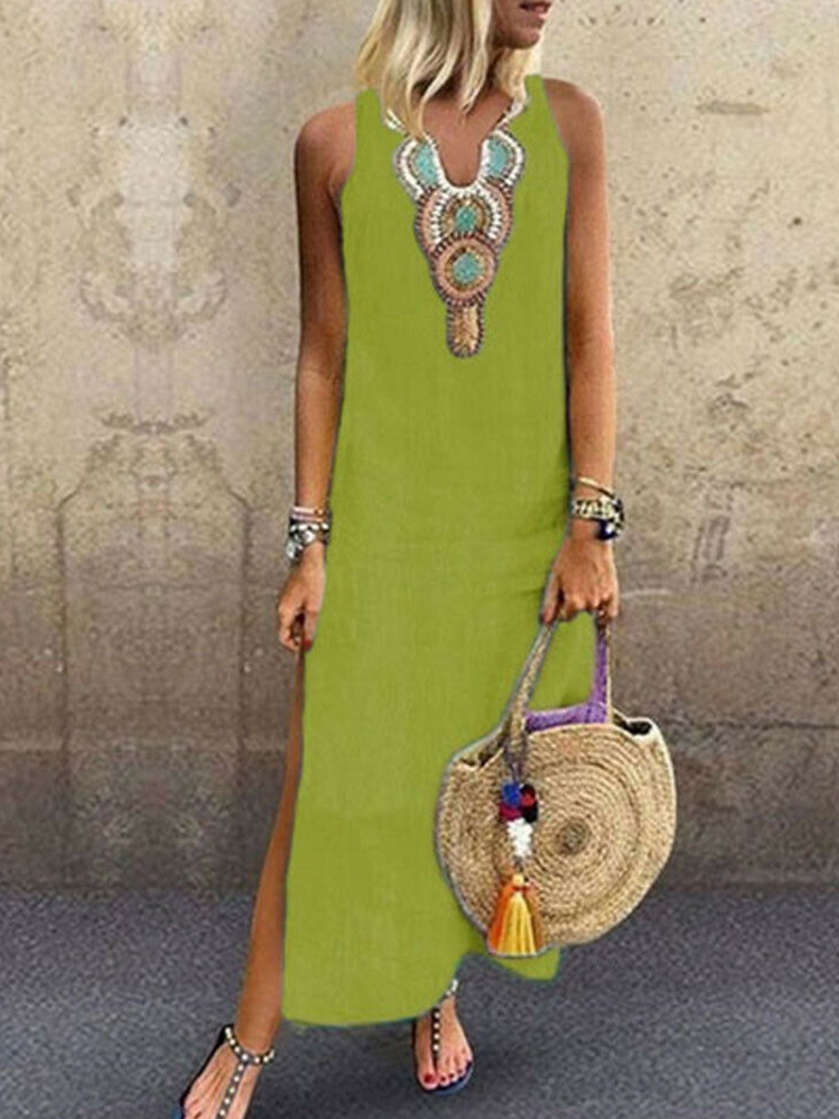 Women Ethnic V Neck Sleeveless Comfy Vacation Maxi Dress