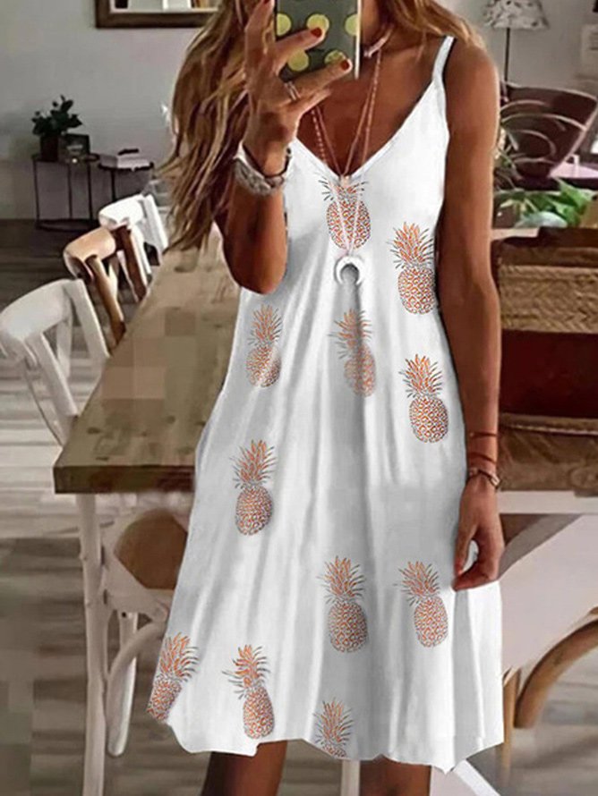 V-neck loose pineapple floral print suspender Dress Loose Dress