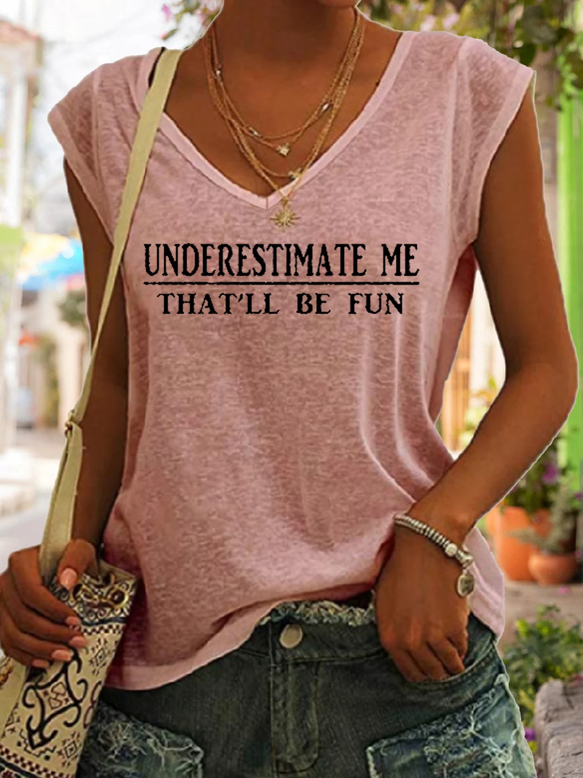 Casual V Neck Letter Tank Top