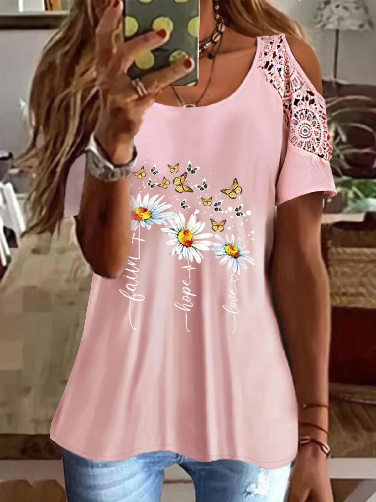 Floral Butterfly Printed Vacation Loose Scoop Neckline Short Sleeve T-Shirt