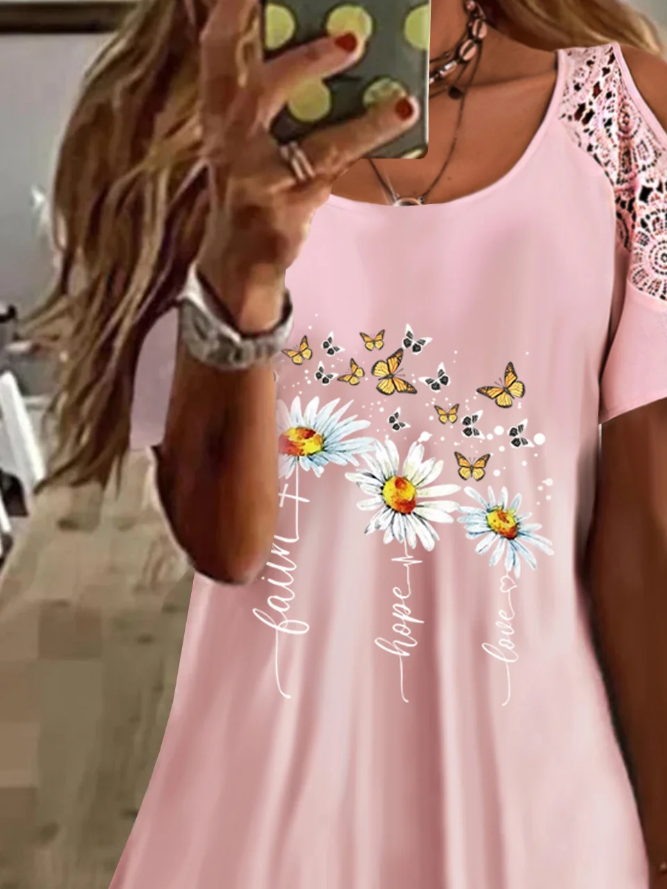 Floral Butterfly Printed Vacation Loose Scoop Neckline Short Sleeve T-Shirt