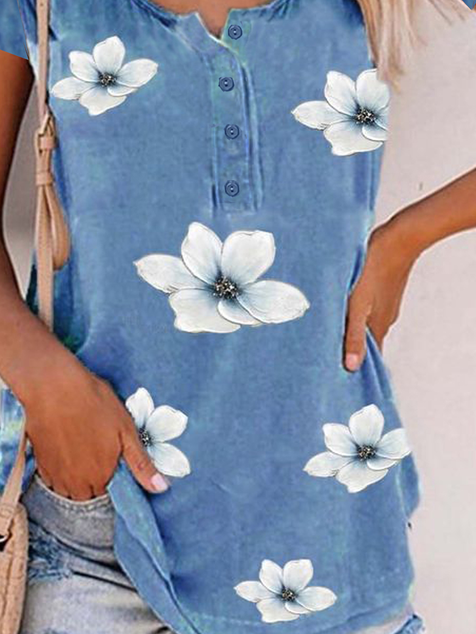 Floral Blue Crew Neck Loose Buttoned Cotton Blend Short Sleeve Casual T-Shirt