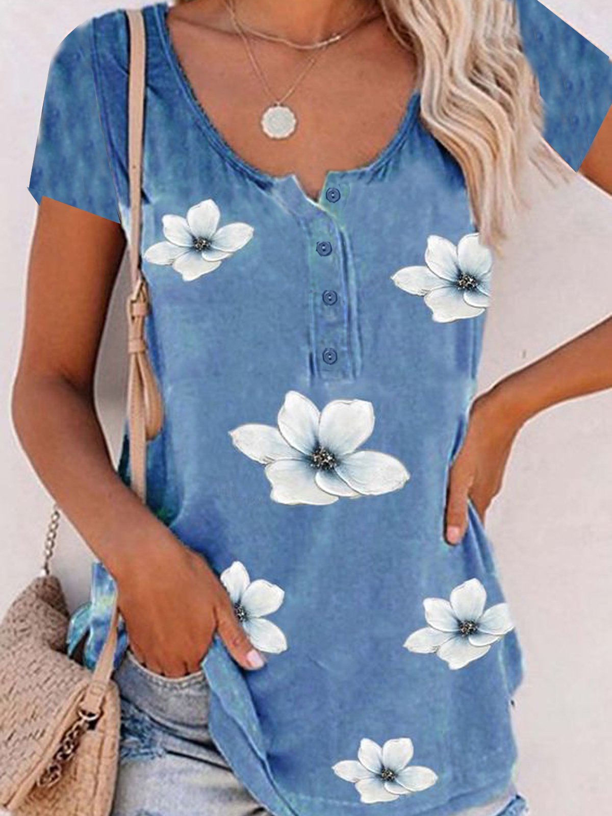 Floral Blue Crew Neck Loose Buttoned Cotton Blend Short Sleeve Casual T-Shirt