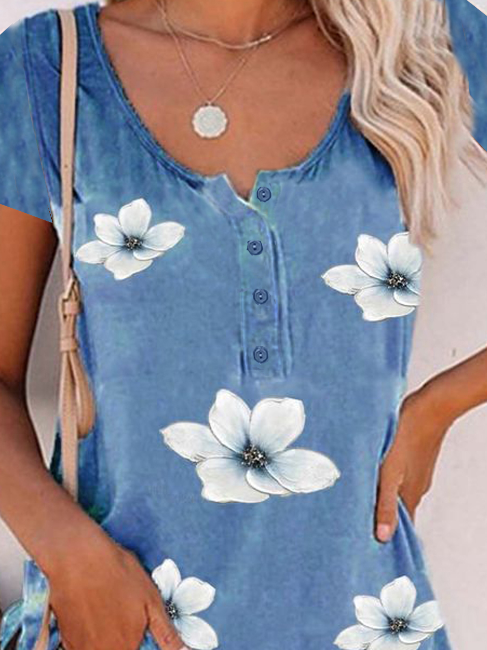 Floral Blue Crew Neck Loose Buttoned Cotton Blend Short Sleeve Casual T-Shirt