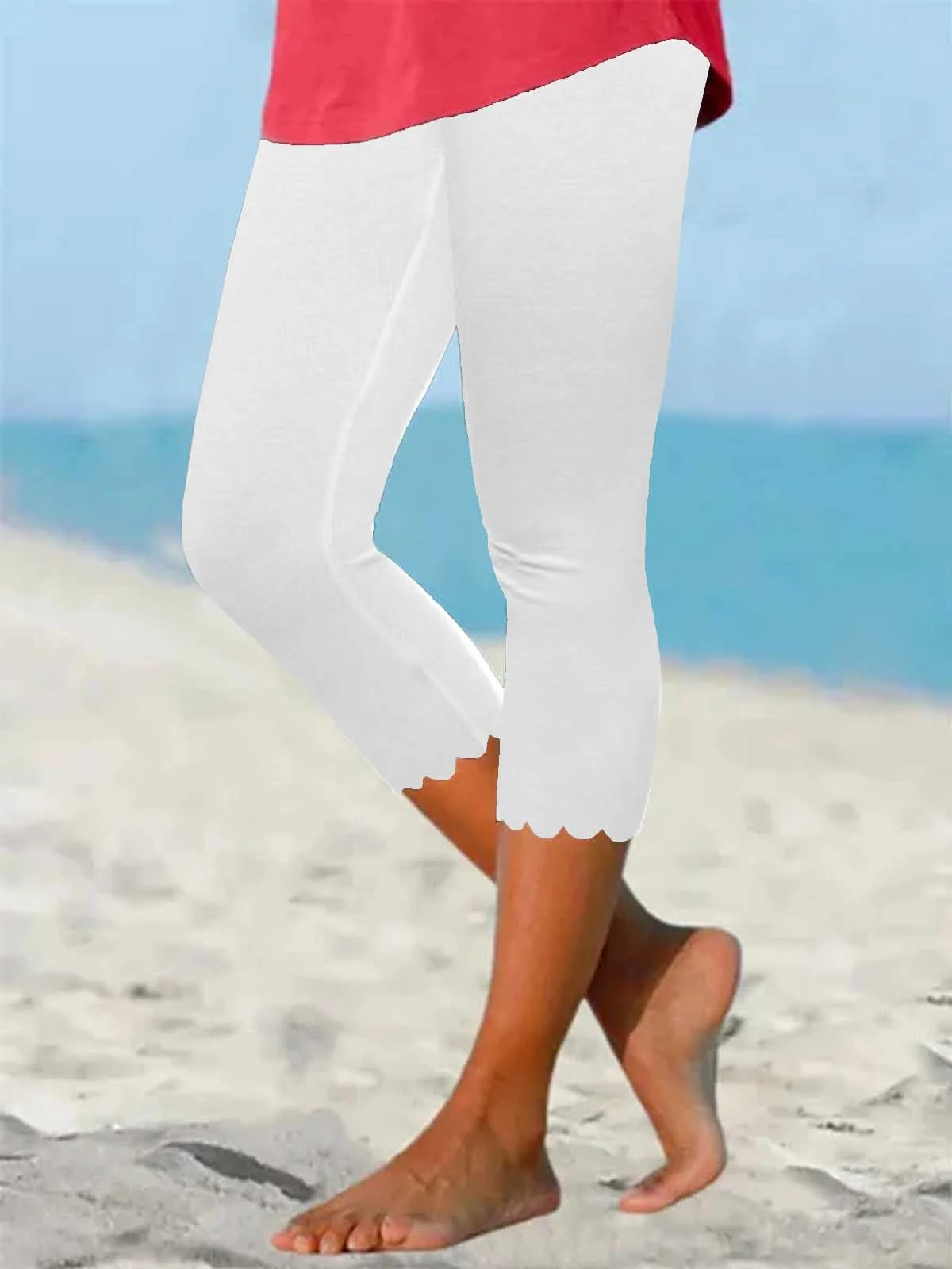 Beach daily basic plain color patterned elastic waist high elastic burnt flower Pants