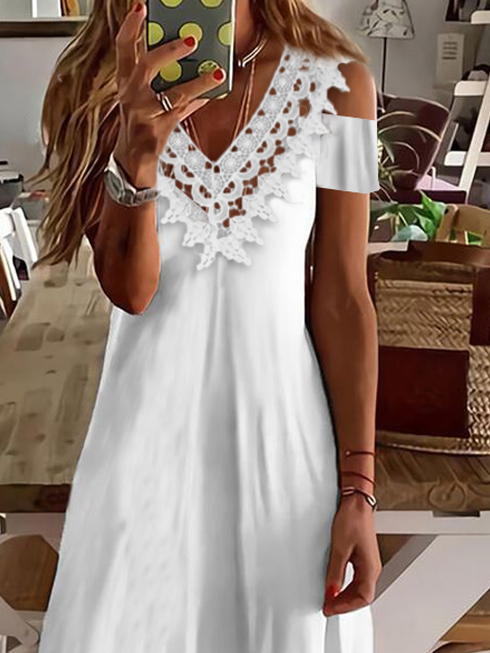 Solid Loose Lace V Neck Off Sholder Woven White Casual Dress | noracora