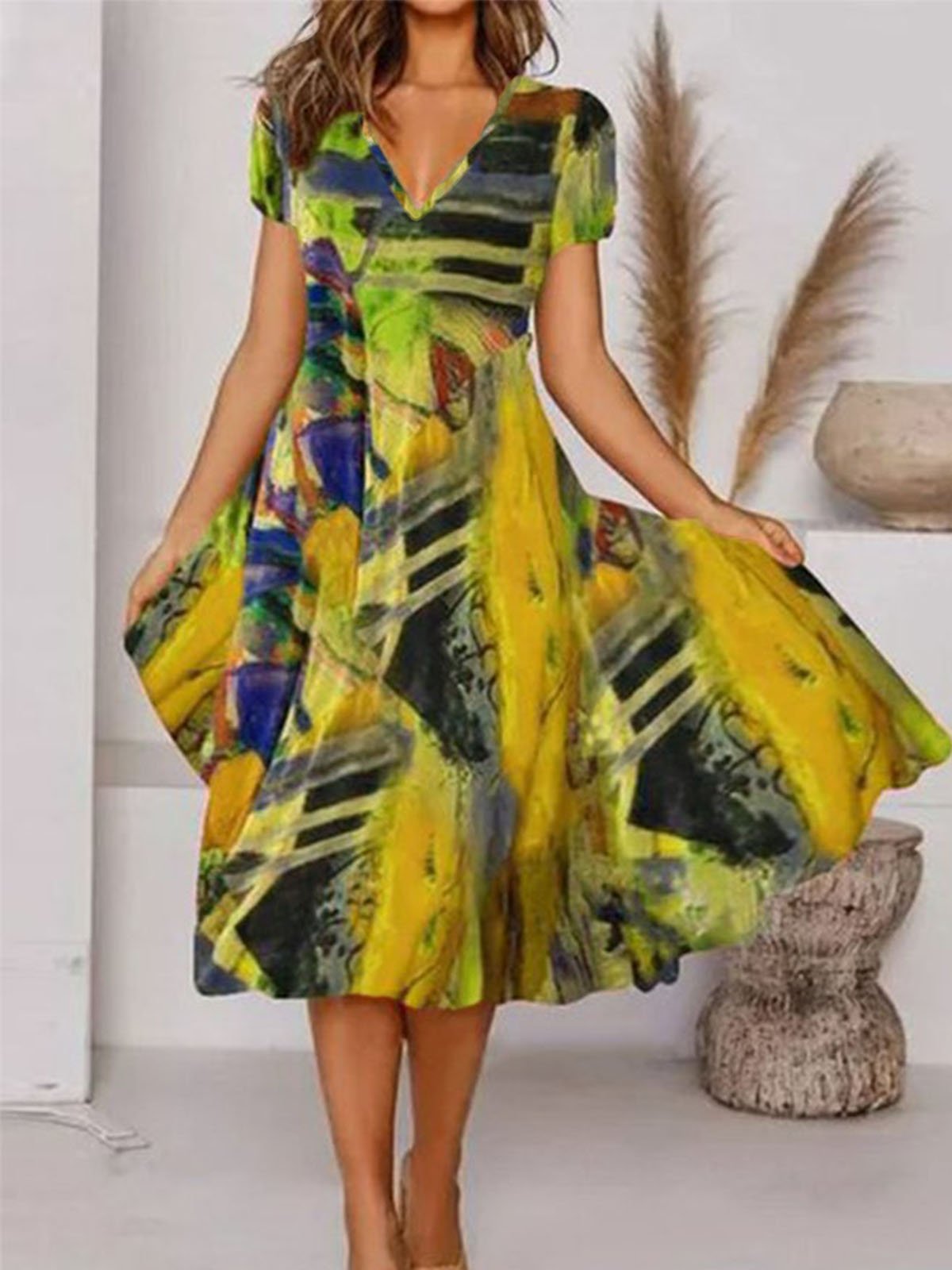 Boho Printed V Neck Floral Dress