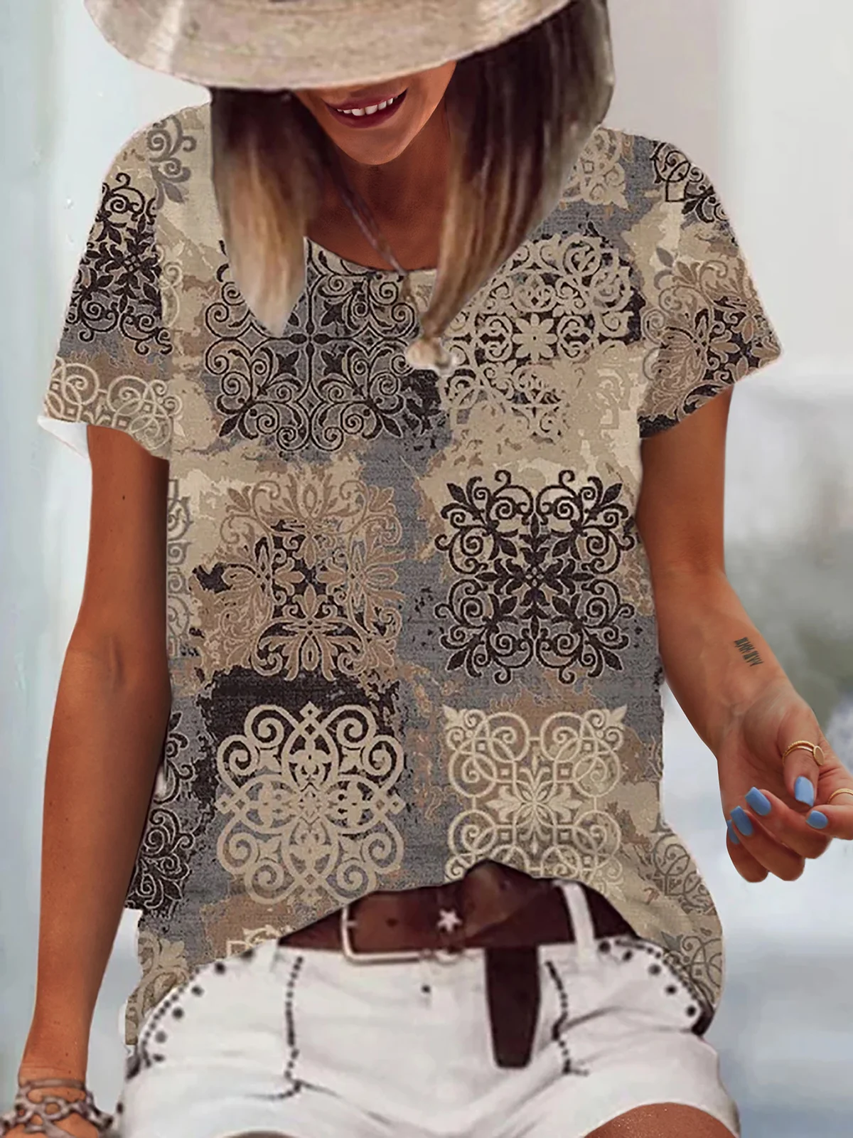Casual Geometric Printed Round Neck Loose shirt & Top