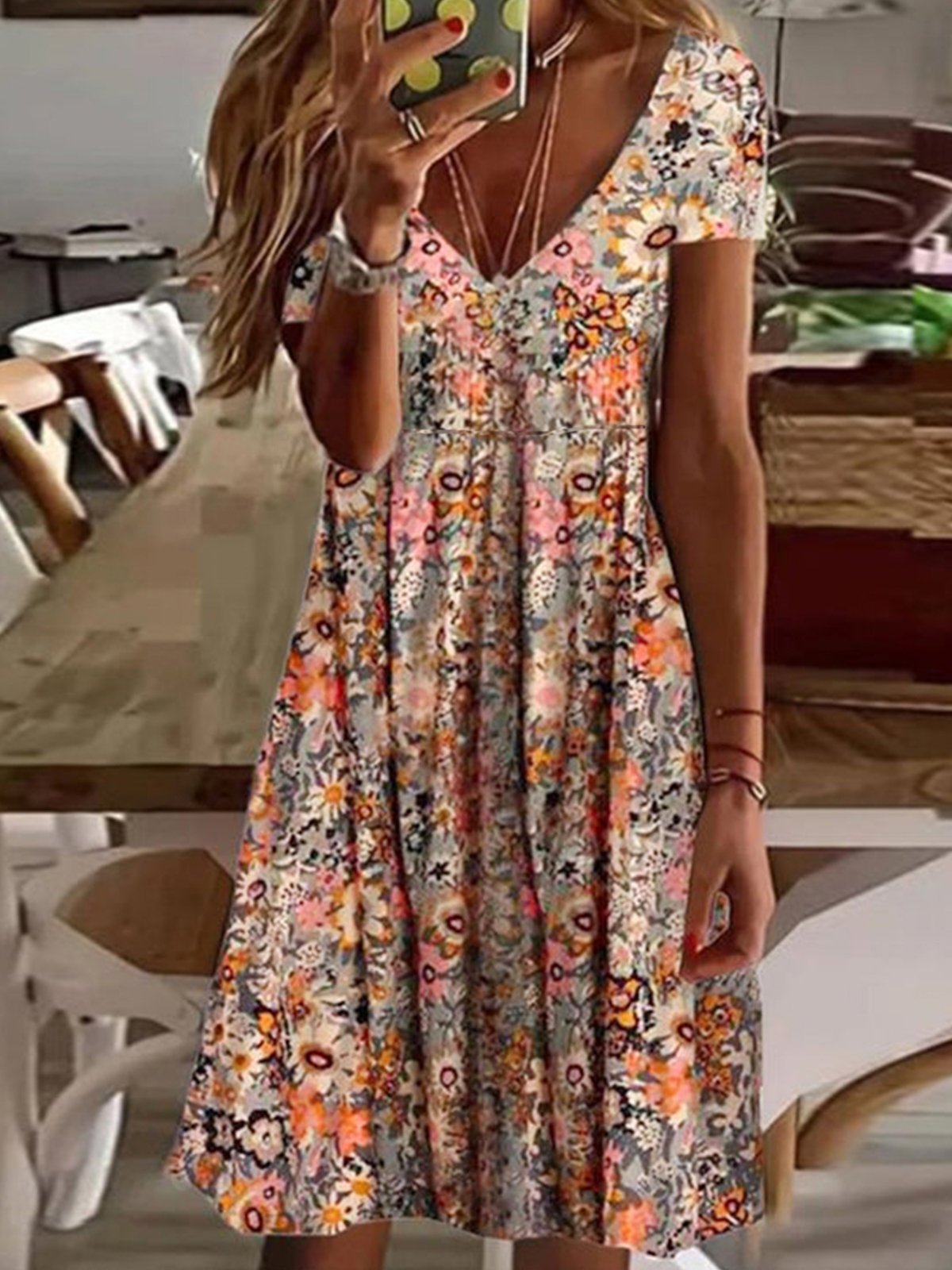 Floral Printed Boho V Neck Short Sleeve Knit Casual Vacation Dress