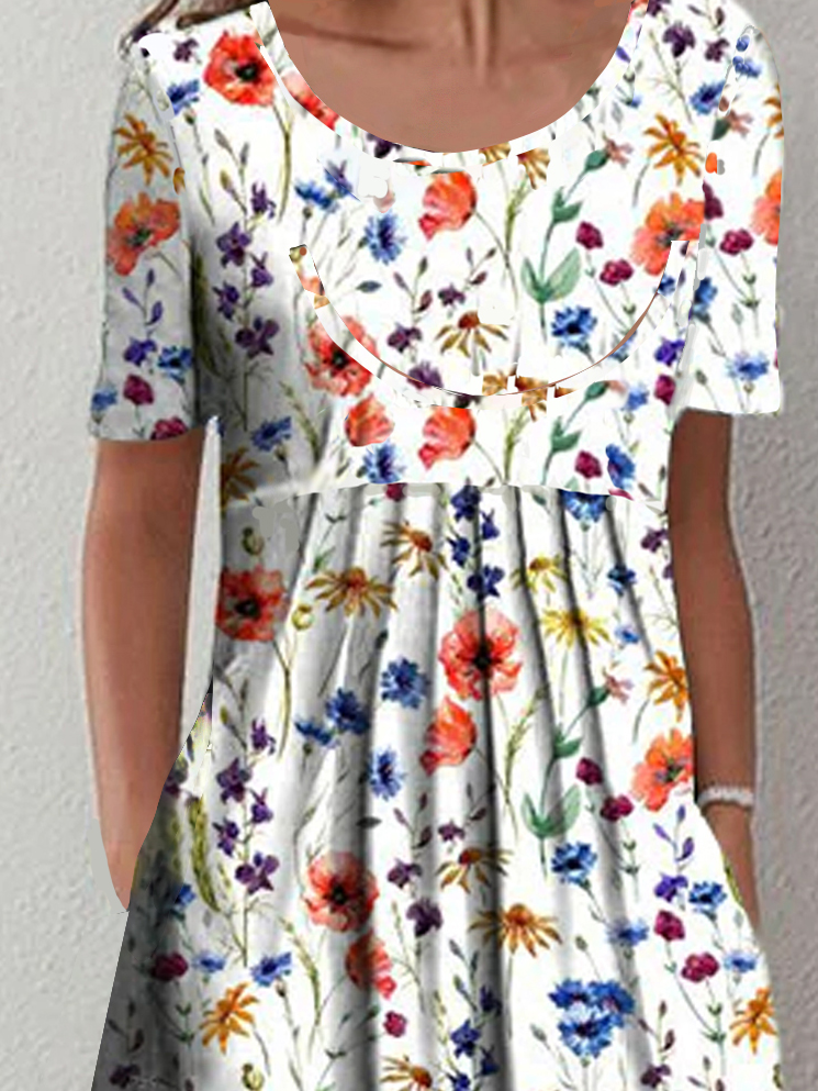 Floral Loose Casual Short Sleeve Woven Dress