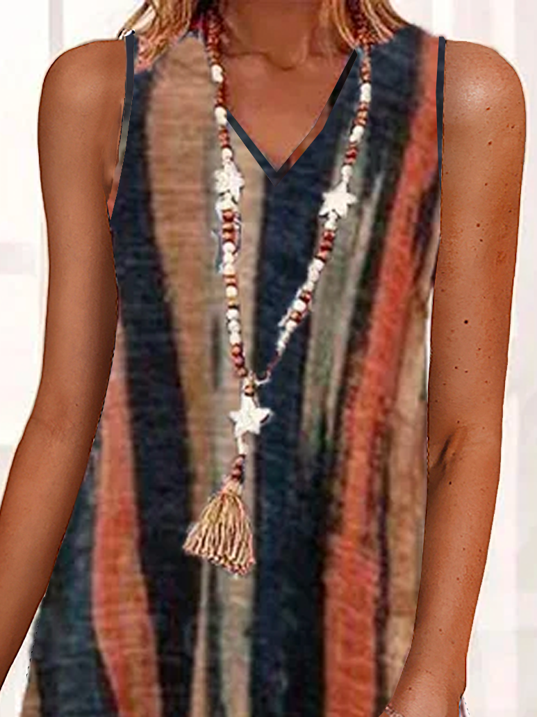 V Neck Casual Striped Printed Sleeveless Dress