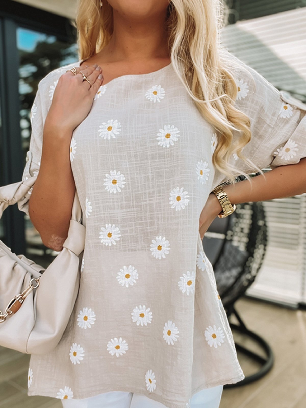 Vacation Crew Neck Floral Short Sleeve Tops
