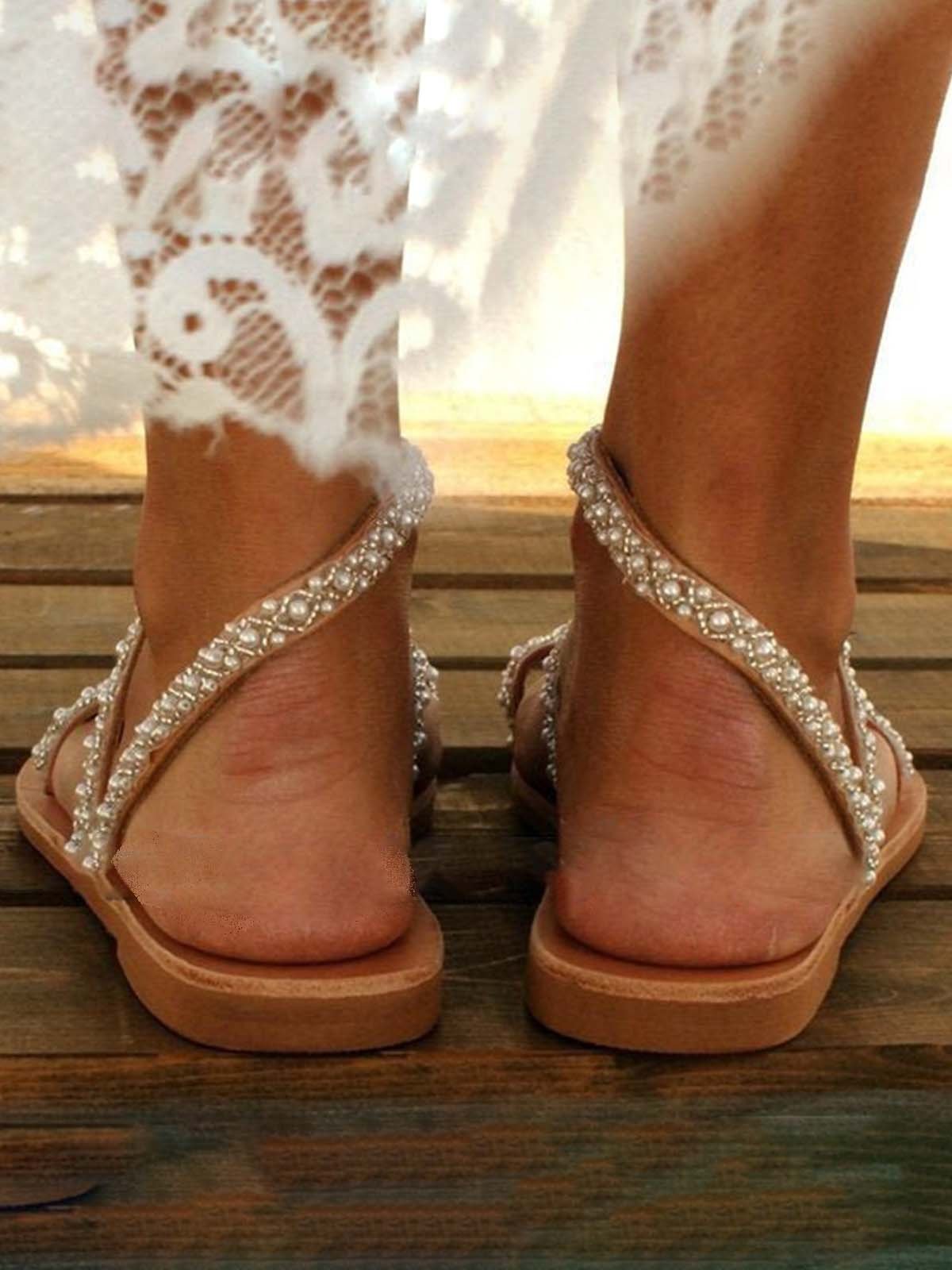 Women Boho Handmade Pearl Beach Sandals  Bridal Shoes