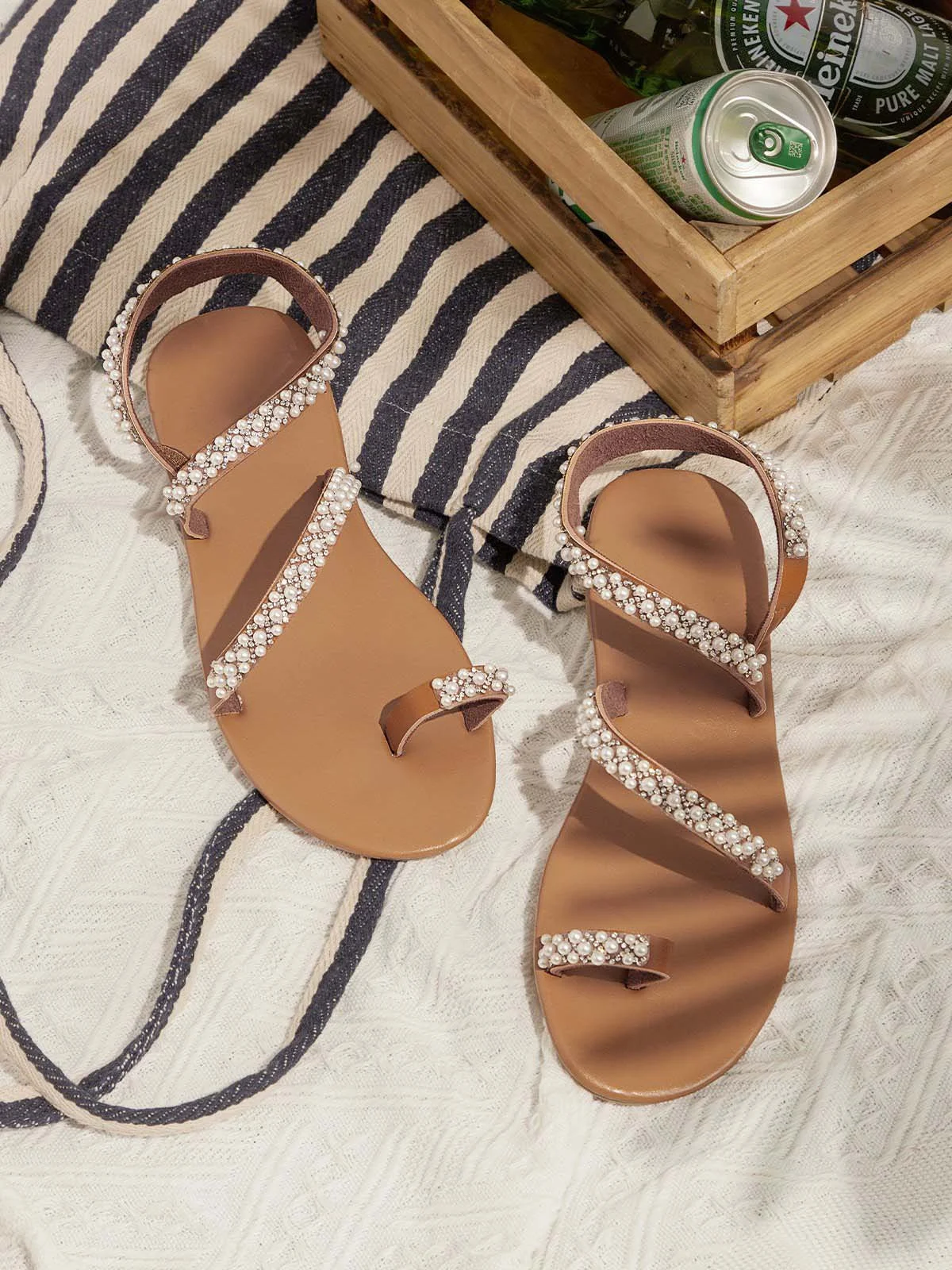 Women Boho Handmade Pearl Beach Sandals  Bridal Shoes