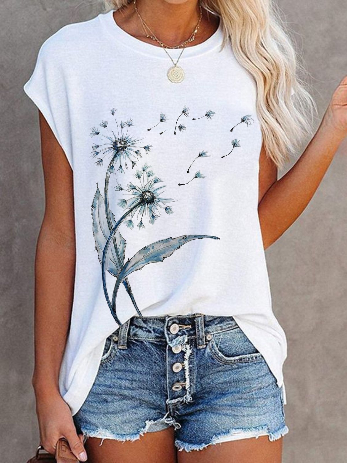 Casual Dandelion Printed Short Sleeve Round Neck Top Tunic T-Shirt ...