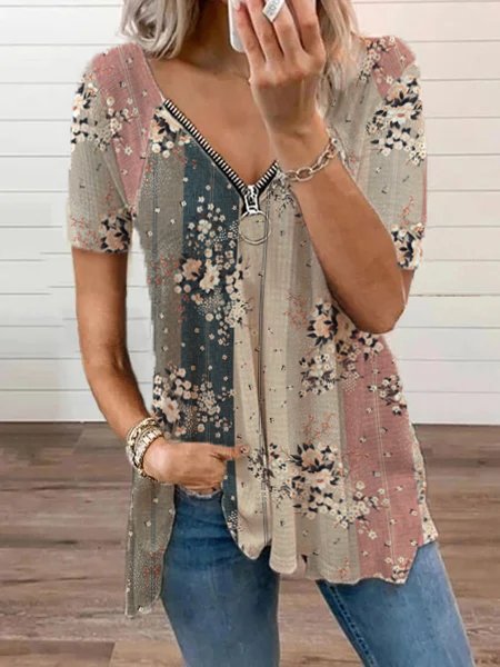 V Neck Floral Loose Casual Short Sleeve Top