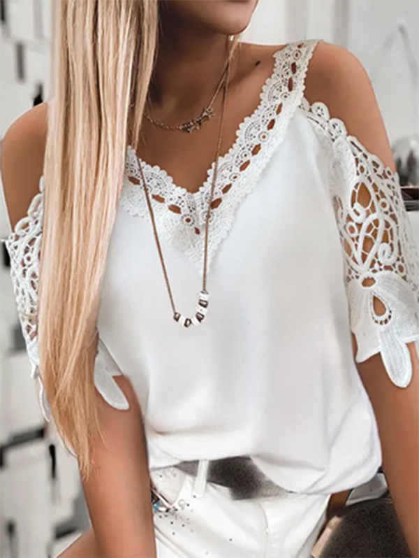 Lace V neck Casual Short Sleeve T-Shirt