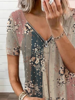 V Neck Floral Loose Casual Short Sleeve Top