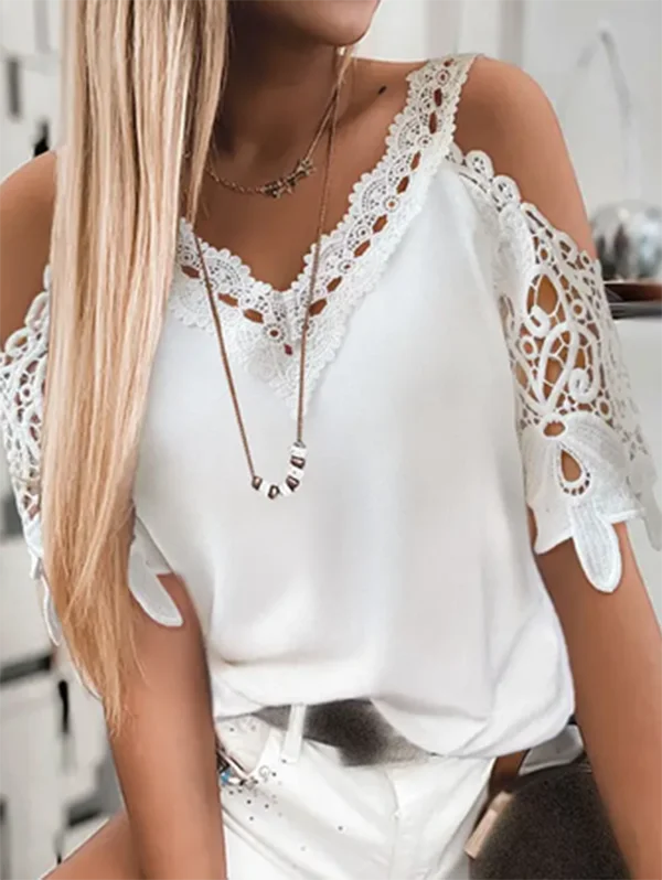 Lace V neck Casual Short Sleeve T-Shirt