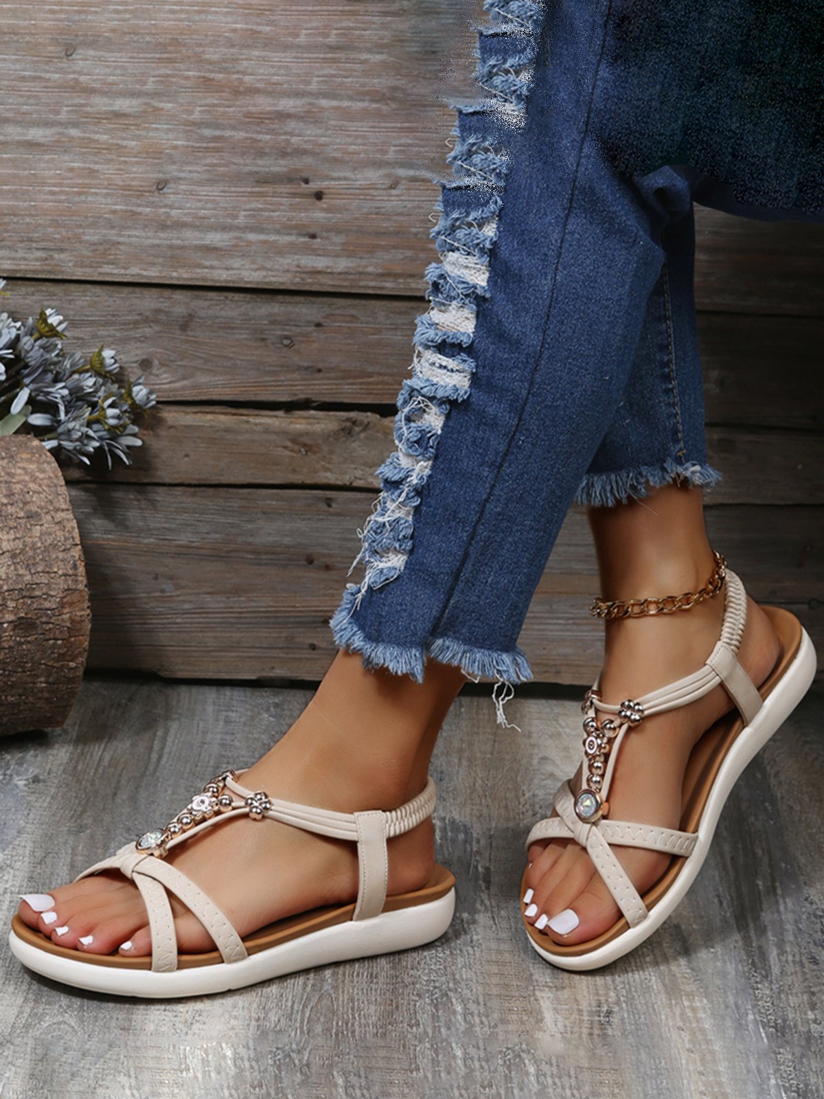 Moonstone Beaded Thin Strap Cross Boho Casual Sandals