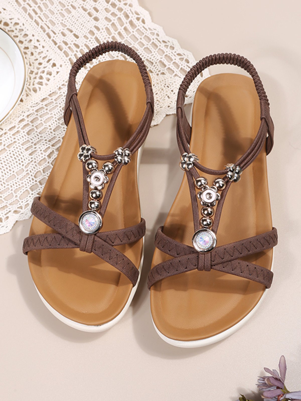 Moonstone Beaded Thin Strap Cross Boho Casual Sandals