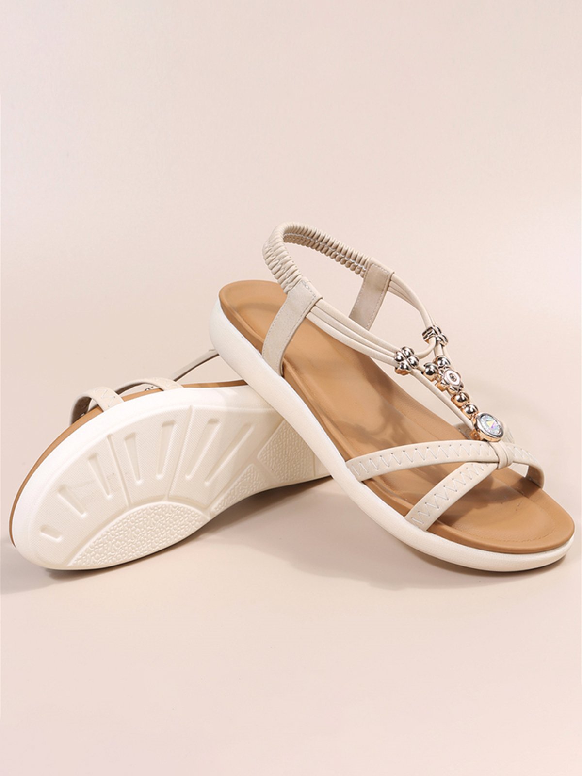 Moonstone Beaded Thin Strap Cross Boho Casual Sandals