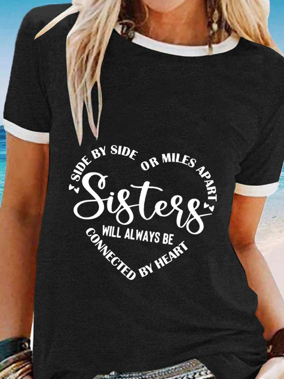 Women's Casual Weekend Painting Miles Apart Sisters Tee Heart Text Short Sleeve Print Round Neck Basic Top T-shirt