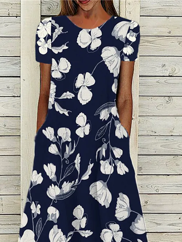 Cotton Blends Floral Loose Short Sleeve Woven Dress