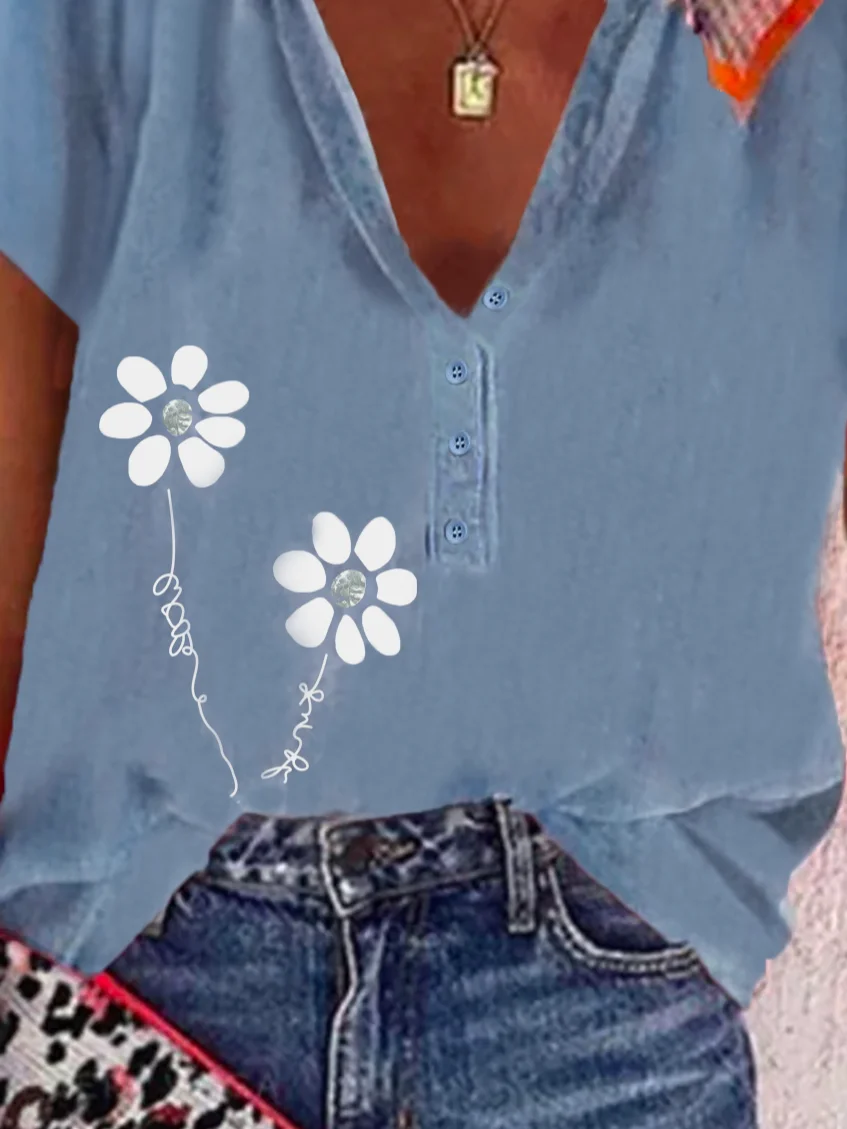 Plus size Casual Floral Loose Short Sleeve Tops