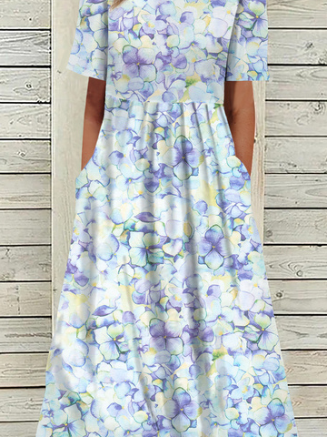 Women's A Line Dress Maxi Dress blue Short Sleeve Floral Ruched Pocket Print Woven Summer Crew Neck Casual Dress