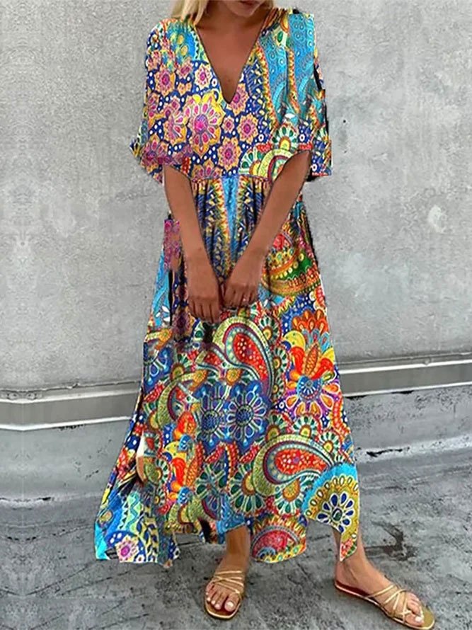 Vacation Casual Tribal Printed V-neck Regular Fit Maxi Dress