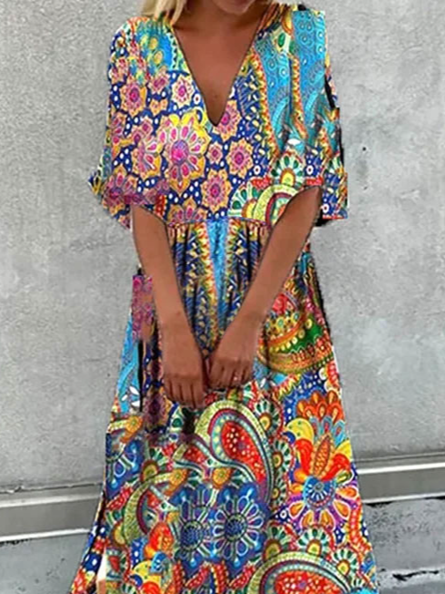 Vacation Casual Tribal Printed V-neck Regular Fit Maxi Dress