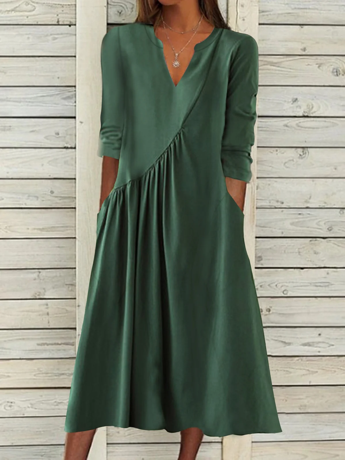 V Neck Plain Casual Ruched Dress