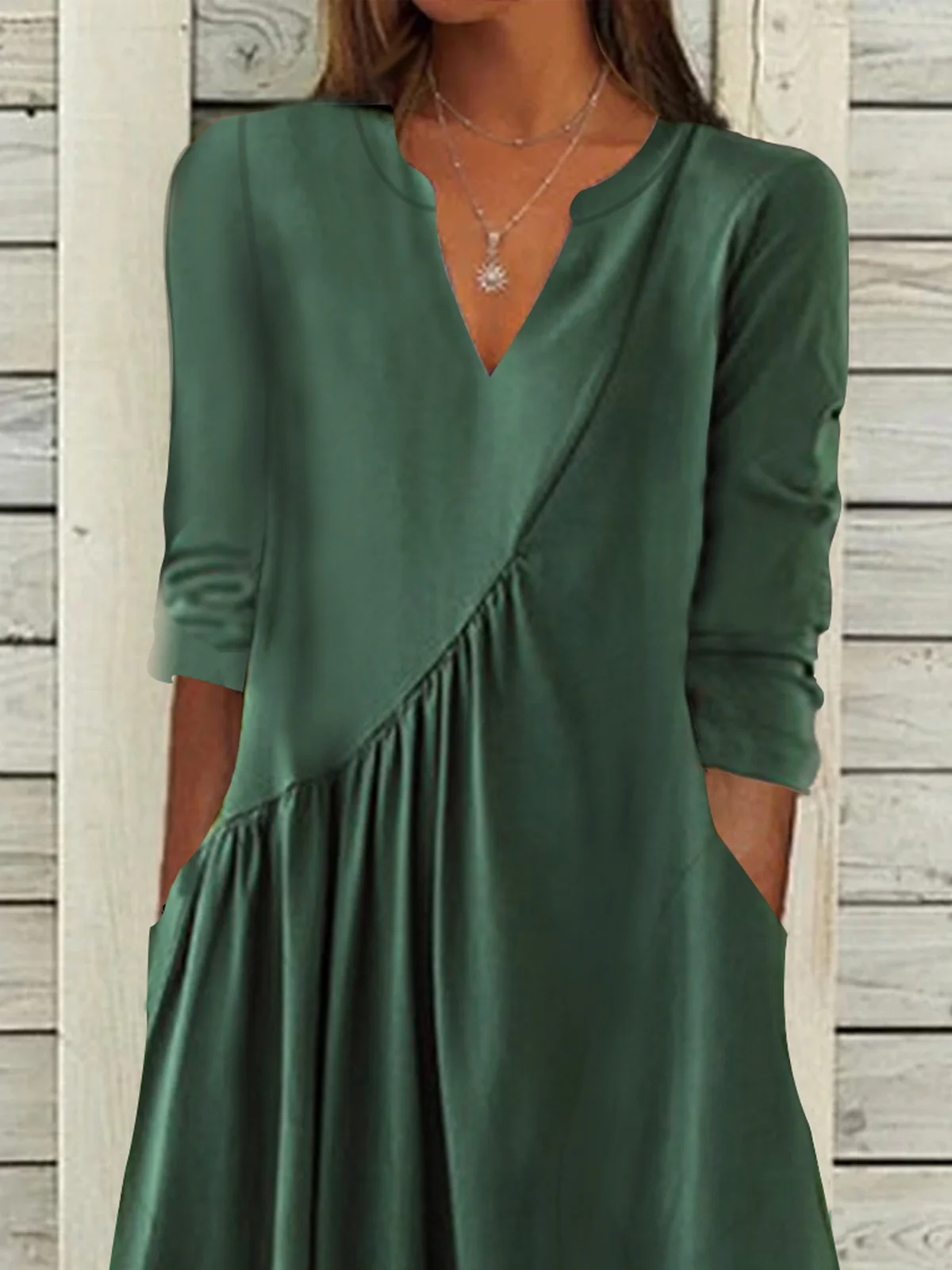 V Neck Plain Casual Ruched Dress