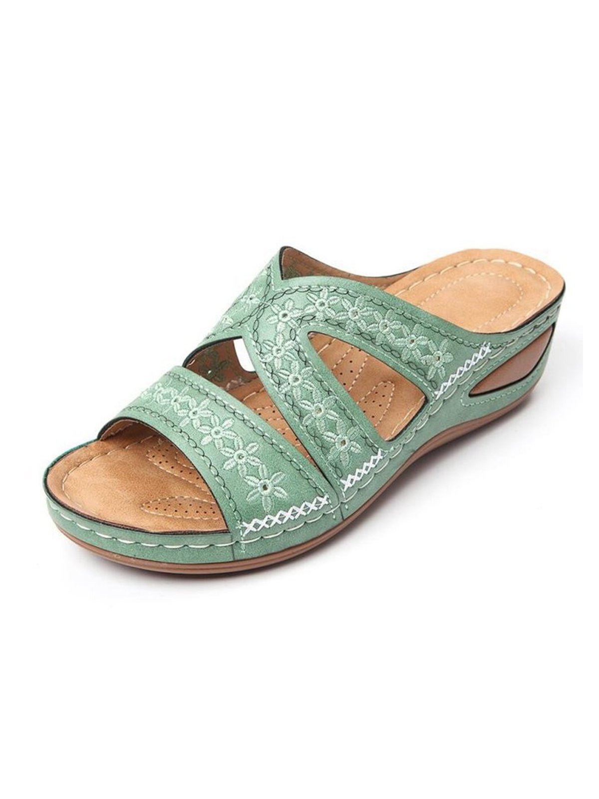 Floral Embroidered Cutout Boho Casual Wedge Slides