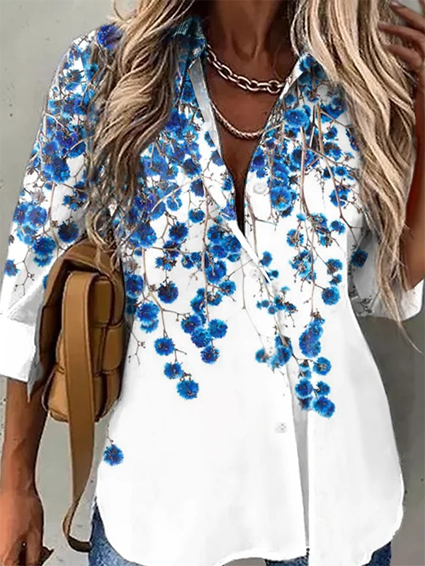 Women's Casual Daily Floral Long sleeve Shirt Collar Casual Tunic Blouse