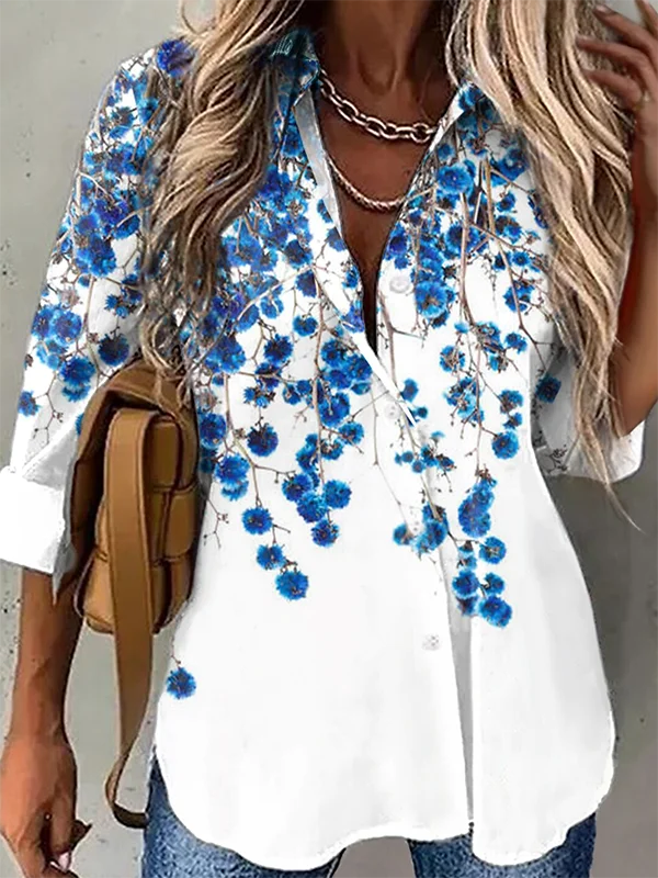 Women's Casual Daily Floral Long sleeve Shirt Collar Casual Tunic Blouse