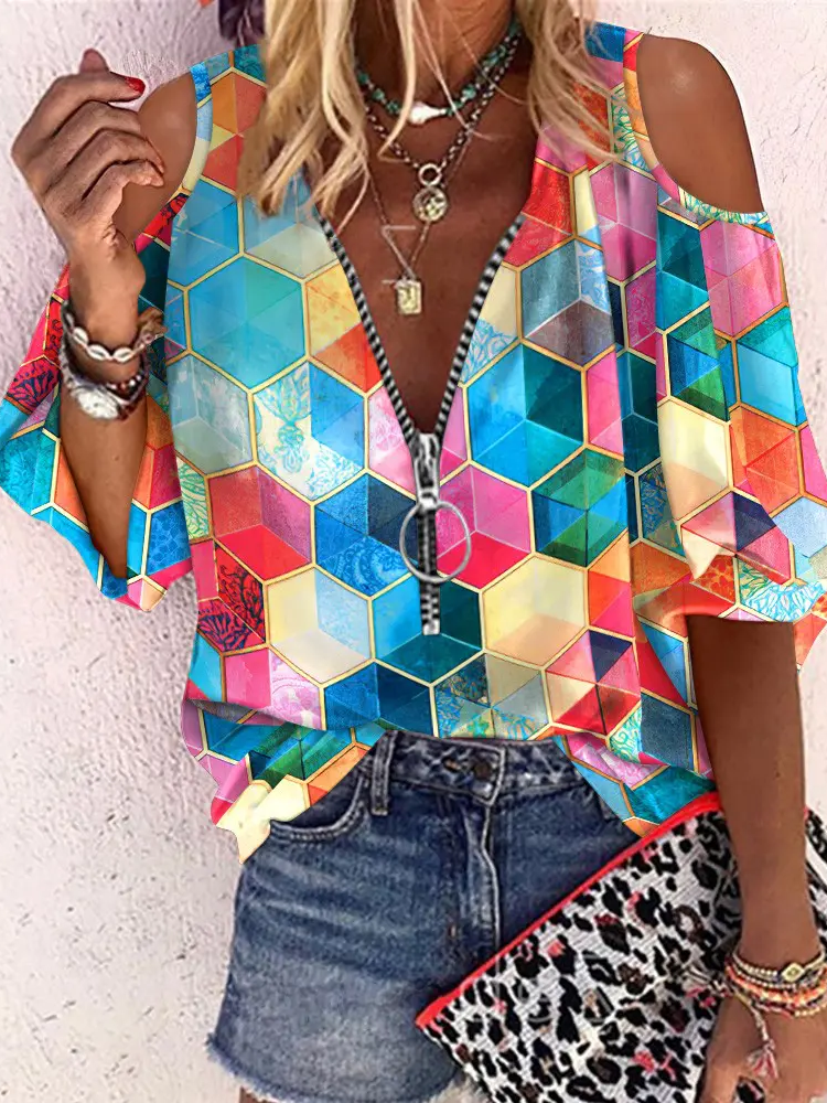 Casual Geometric Print Cold Shoulder Top