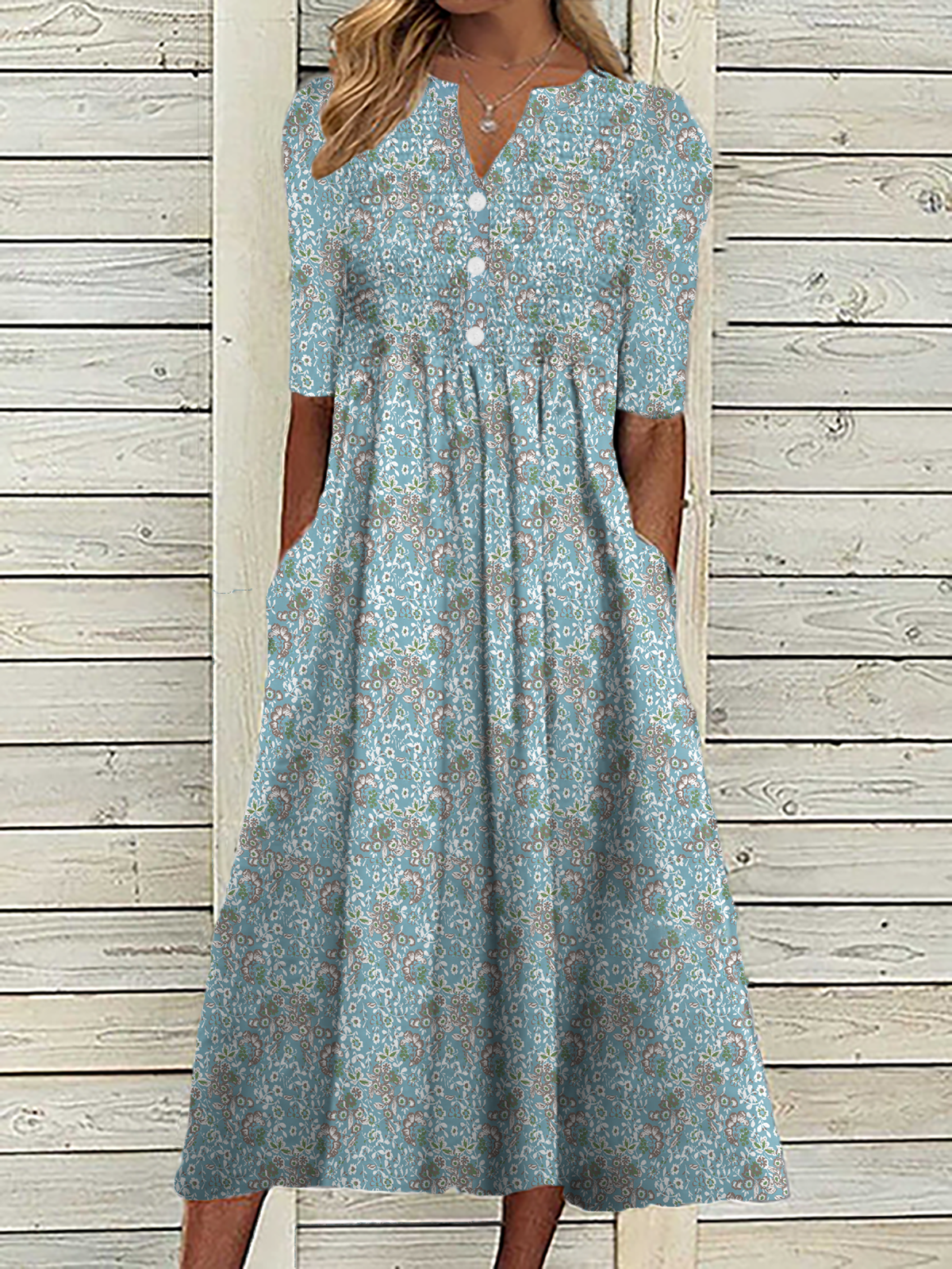 Women's Casual Floral Dress Short Sleeve Blue Dress Pocket V Neck Midi Dress